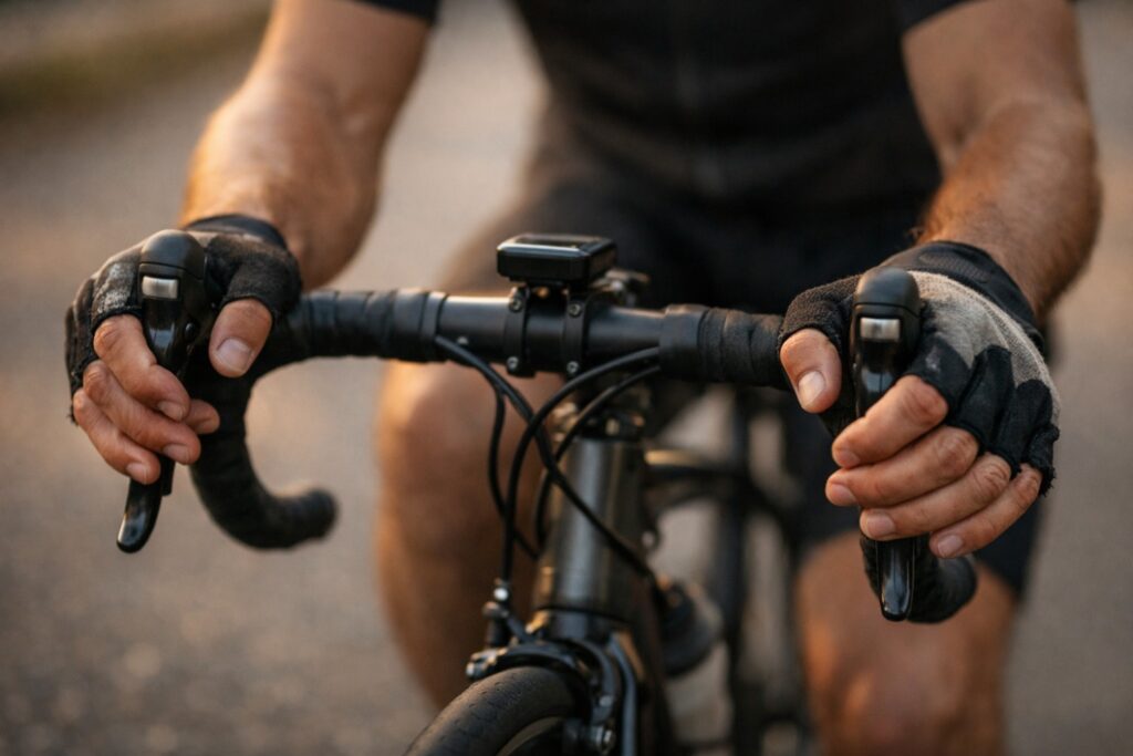 Close-up of a cyclist gripping road bike handlebars while riding on asphalt, illustrating hand and wrist positioning that can contribute to cycling injuries.