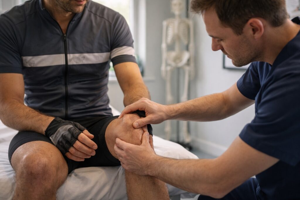 Sports physiotherapist examining a cyclist's knee injury in a clinic, representing the common problem of overuse knee injuries in cycling caused by poor bike fit.