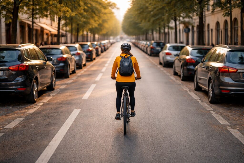 Cyclist maintaining a safe distance from parked car doors to avoid dooring, one of the most common bike accidents in urban areas