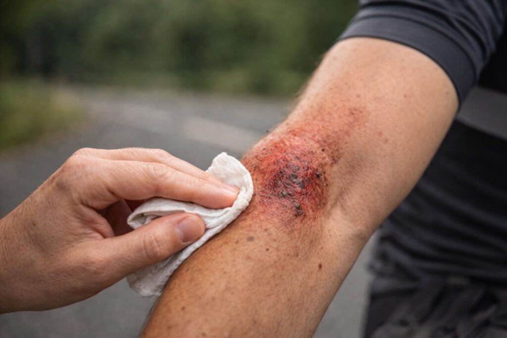 Road rash abrasion on a cyclist's forearm being cleaned after a fall, one of the most common cycling injuries affecting riders of all levels.
