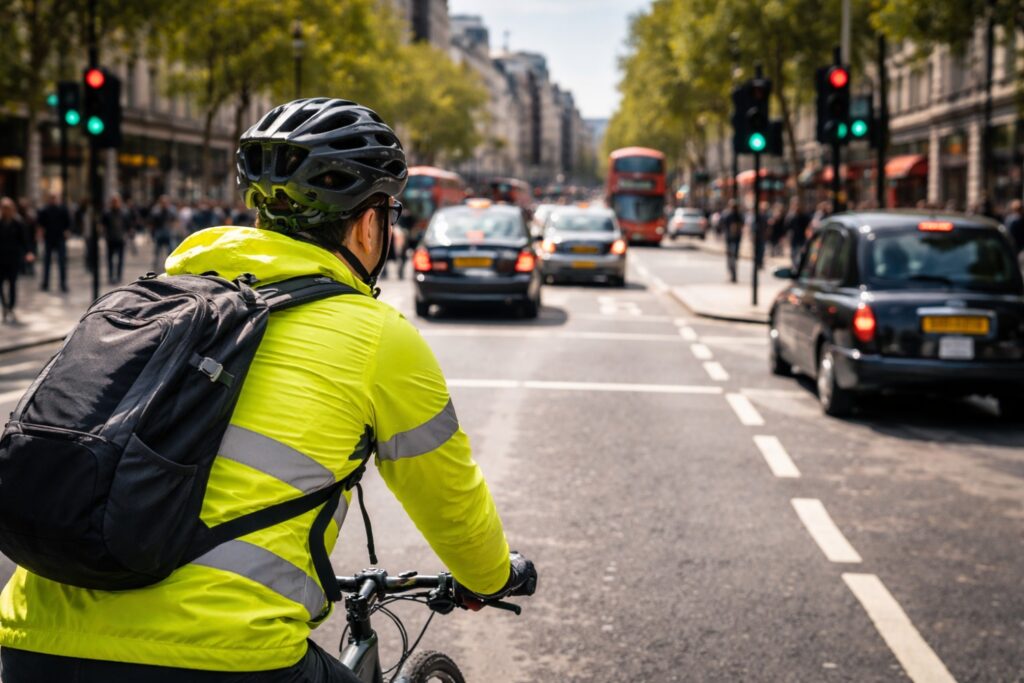 Cyclist looking ahead at urban traffic intersection, demonstrating defensive riding techniques and bicycle safety tips for busy roads.
