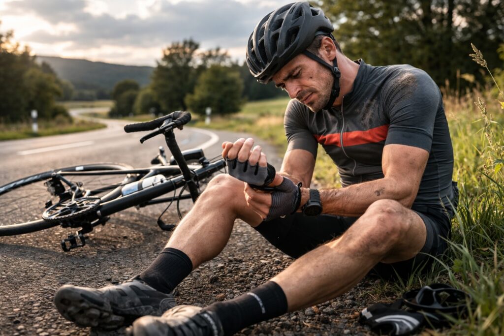 Cyclist resting at the roadside holding their wrist after falling from a bicycle, a common scenario for wrist and collarbone cycling injuries.