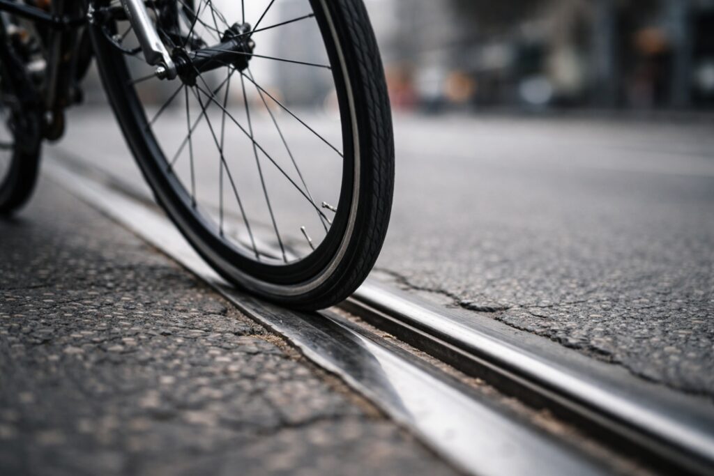 Road bike narrow tyre crossing tram tracks on a city street, illustrating the risk of front wheel capture, a common cause of sudden cycling falls and cycling injuries.