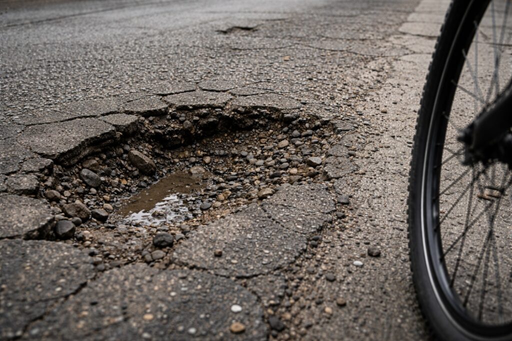 	A large road pothole and loose gravel debris, a common cause of bicycle crashes for everyday urban riders