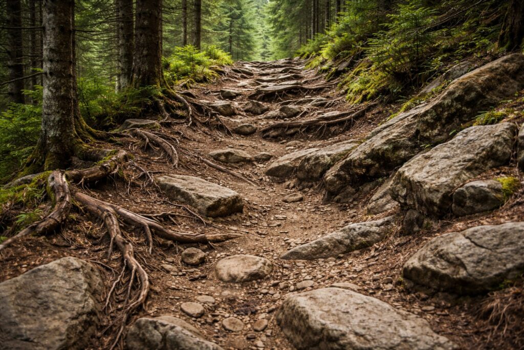 Steep and rocky mountain bike trail descent showing technical terrain that increases the risk of over-the-bars falls and serious cycling injuries.