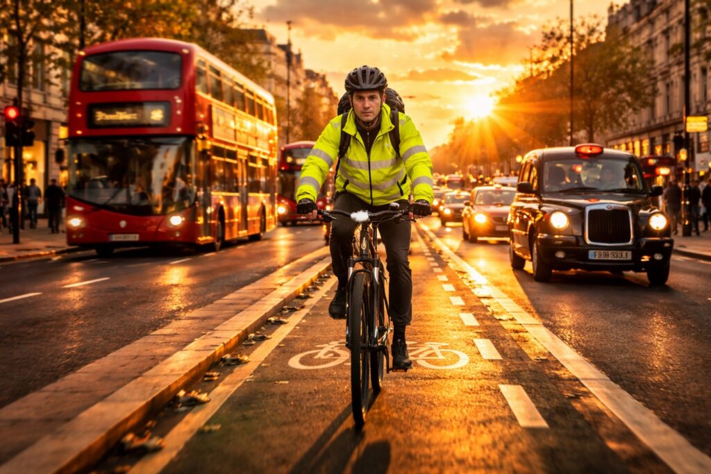 Cyclist using a dedicated bike lane on a busy urban street, demonstrating safe bicycle safety tips for city riding.