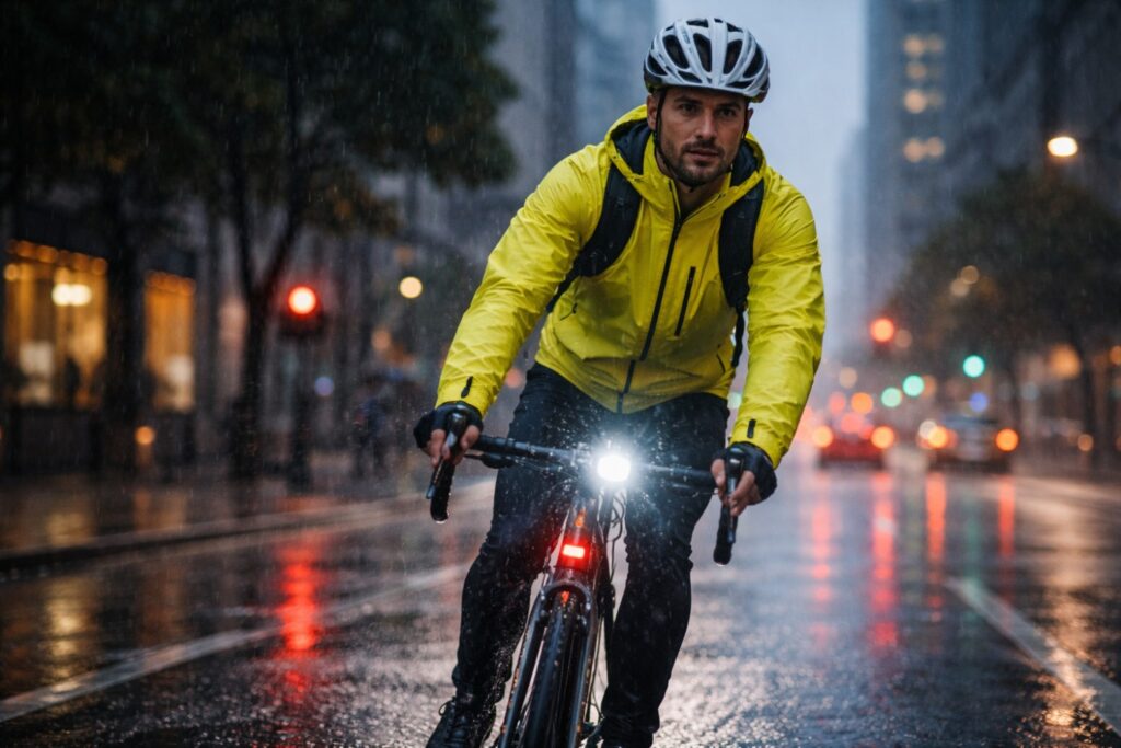 Urban cyclist riding a bike in the rain on a wet city street with lights and high-visibility jacket