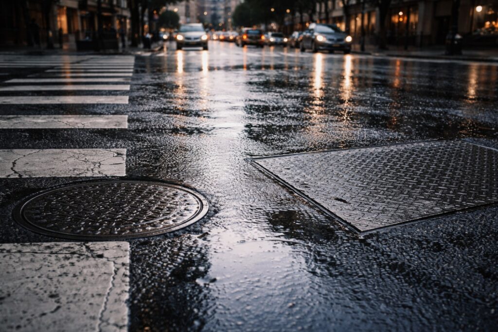 Wet urban intersection showing painted crosswalk lines, manhole cover, and metal utility plate, all hazardous for cyclists in rain