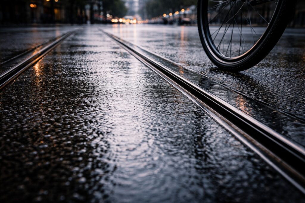 Wet streetcar rail tracks on a city street showing the smooth steel surface that is hazardous for cyclists riding in rain